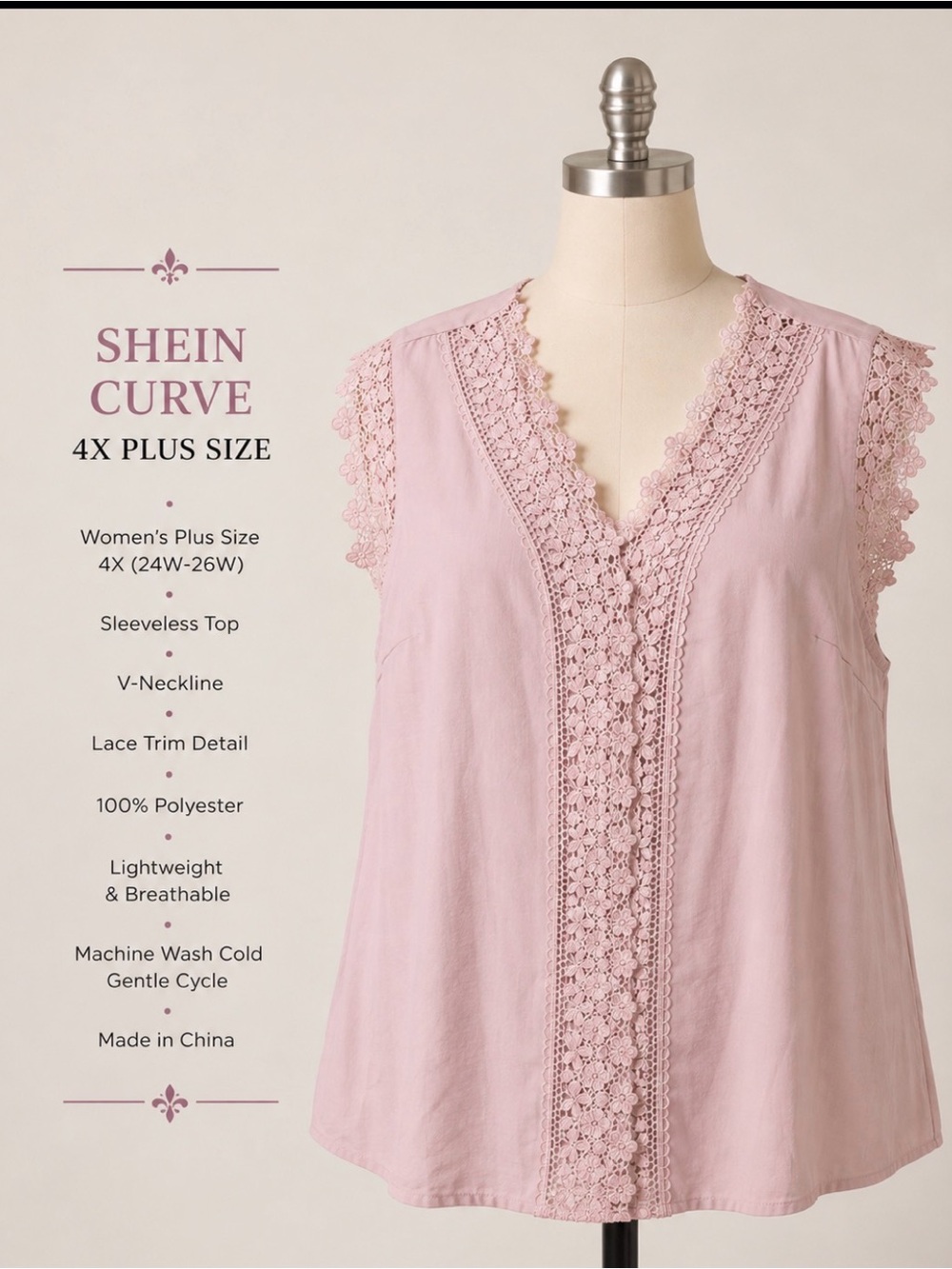 SHEIN Curve Lace Trim V-Neck Sleeveless Top - Dusty Pink